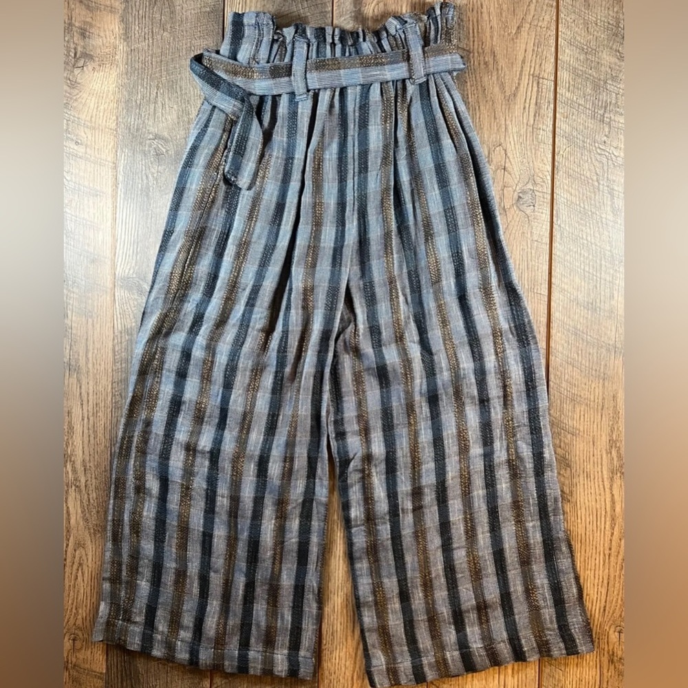 ANGIE Pants Womens Blue Stripe Wide Leg Cropped Belted Elastic Waist Boho Slacks - Picture 6 of 6